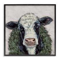 Stupell Industries Spotted Cow with Wreath Holiday Painting Black Framed Art Prints Wall Art, 12 x 12
