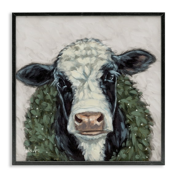 Stupell Industries Spotted Cow with Wreath Holiday Painting Black Framed Art Prints Wall Art, 12 x 12