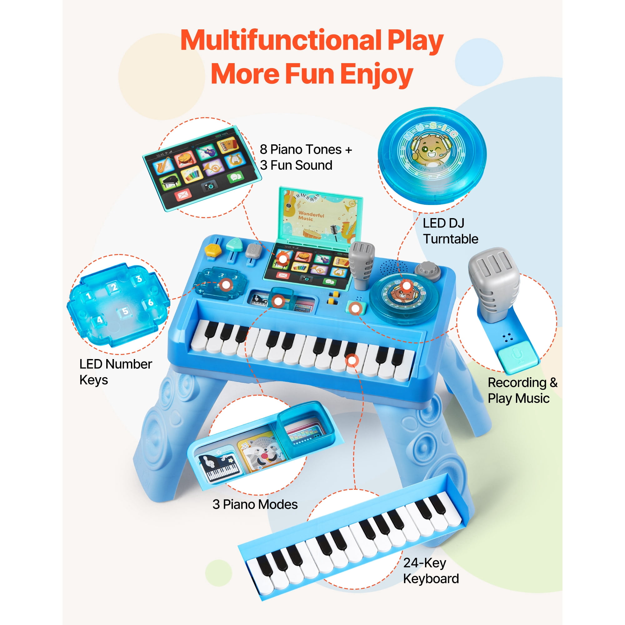 KFFKFF Baby DJ Playset for Toddlers 1-3, Interactive Musical Table with 133 Sound Options, Recording Feature, and LED Turntable, Activity Toy for Kids Aged 6+ Months, Ideal Birthday Gift