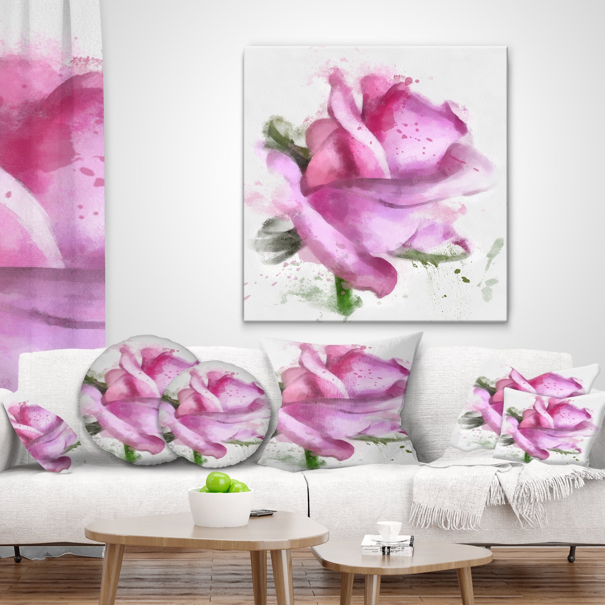 Designart Pink Rose Drawing Watercolor - Floral Throw Pillow - 12x20