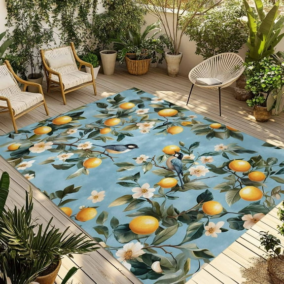 Fsddascl Lemon Flowers Outdoor Rug for Patio/Deck/Porch, Non-Slip Large Area Rug 4 x 6 Ft, Country Bird Plant Watercolor Blue Summer Indoor Outdoor Rugs Washable Area Rugs, Camping Rug Carpet