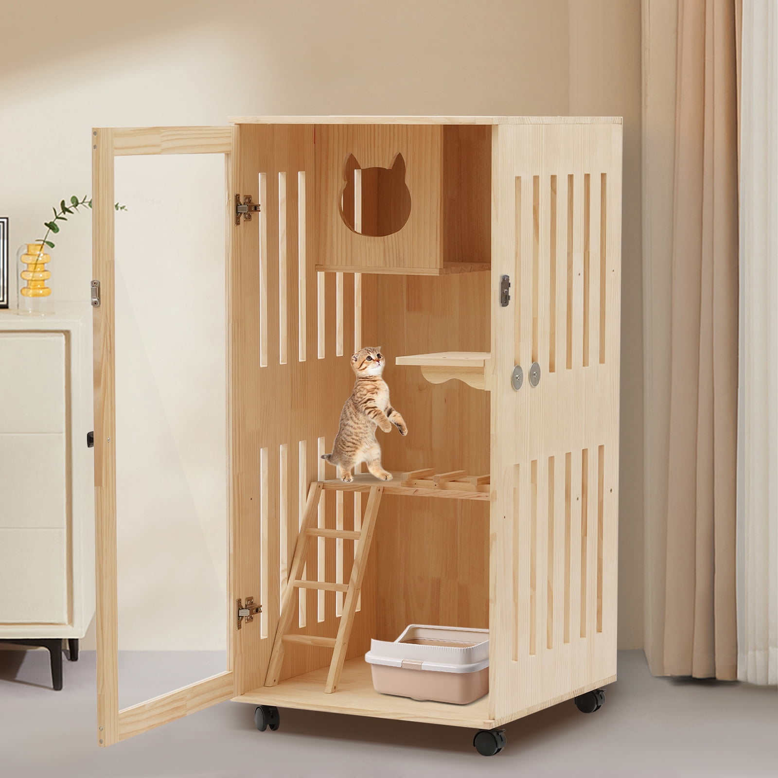 Large Wooden Cat House Indoor Furniture 47 inch Tall Cat Condo with Clear Door and LED Light Spacious Pine Wood Cat Cage