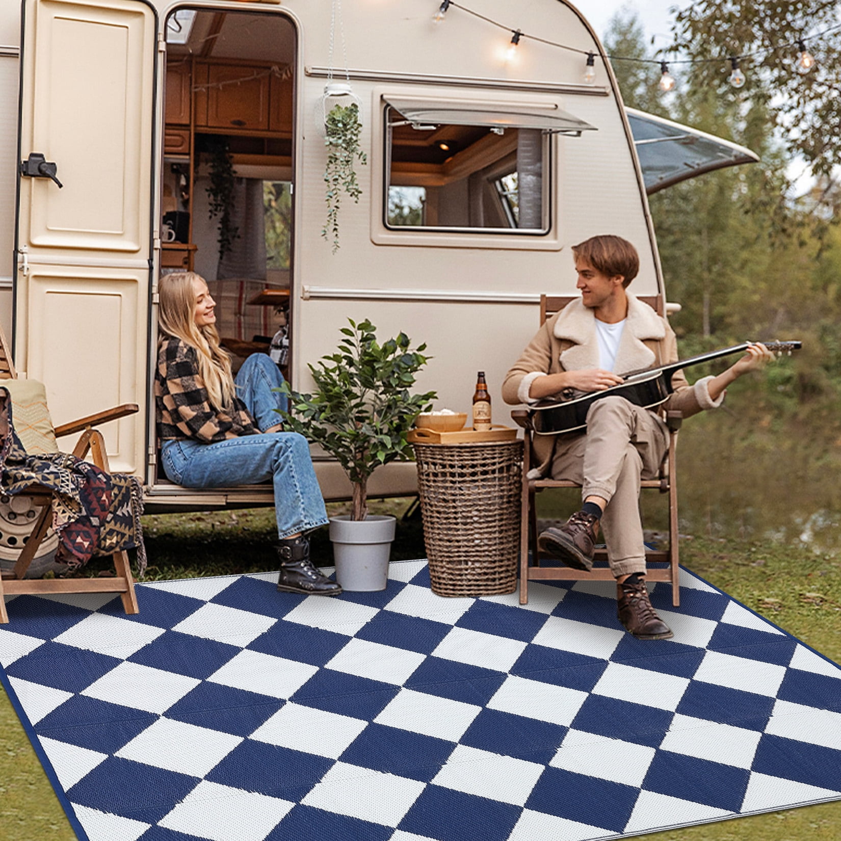 Senfot 8x10 Waterproof Portable Outdoor Rug, Modern Geometric Plastic Carpet for Patio Camping Deck Backyard Porch Decor with Storage Bag Blue and White