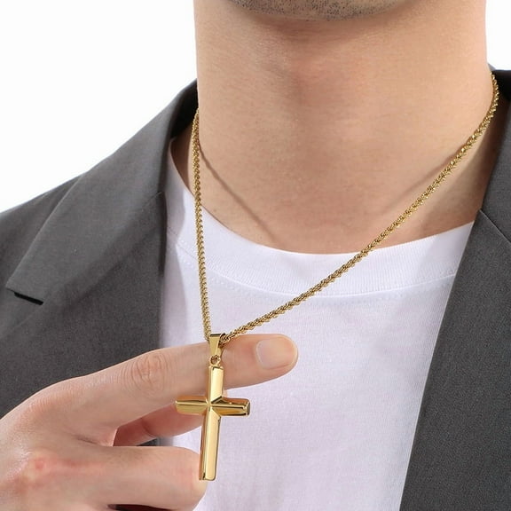 Vintage 14K Yellow Gold Cross Pendant Necklace Punk Fashion Biker Men's Chain Necklace Jewelry Gift