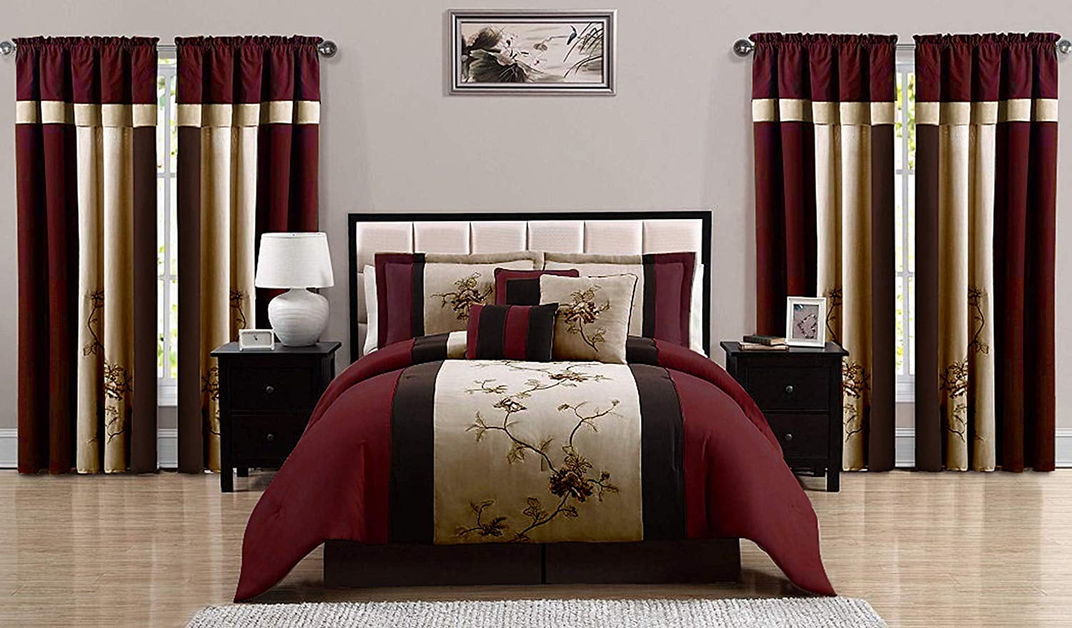 Chezmoi Collection Vienna 7-Piece Floral Embroidery Comforter Set or Curtain Set 