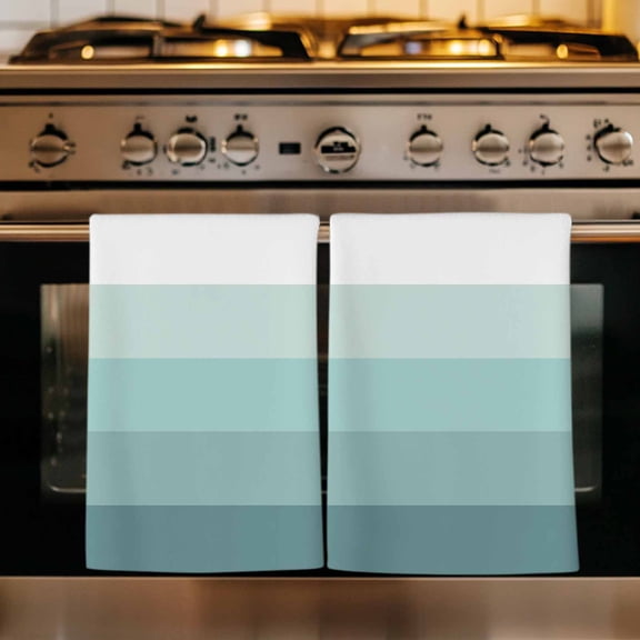 Teal Ombre Kitchen Towels Set of 2, Modern Abstract Art Farmhouse Striped Absorbent Dish Towels for Kitchen, Microfiber Hand Towel, Quick Drying Tea Towel for Cleaning Decorative Dishcloths