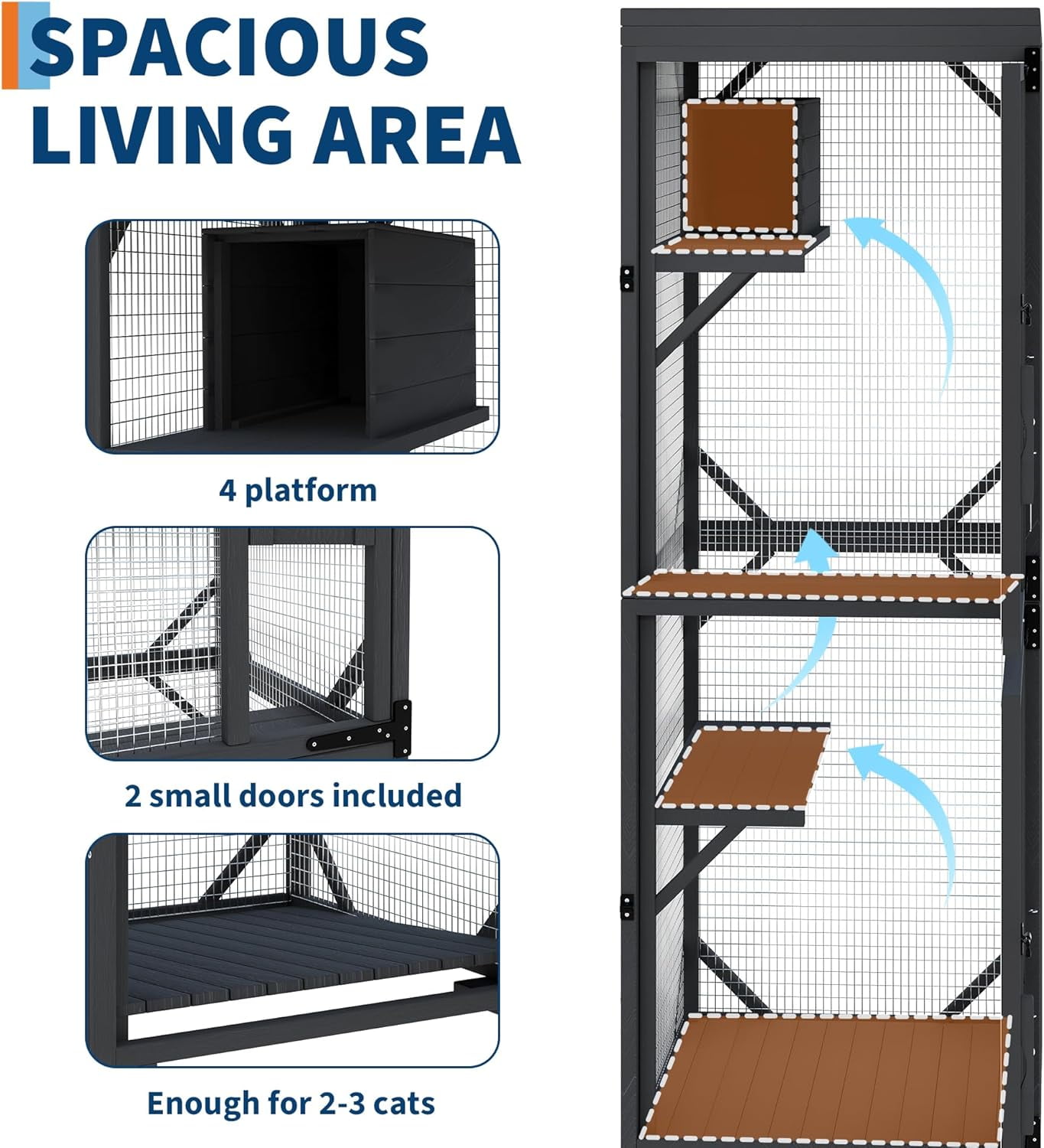 Garvee 4 Tiers Catio 32.3 x 31.8 x 74.8", Outdoor Cat Enclosure, with 4 Wheels, Black