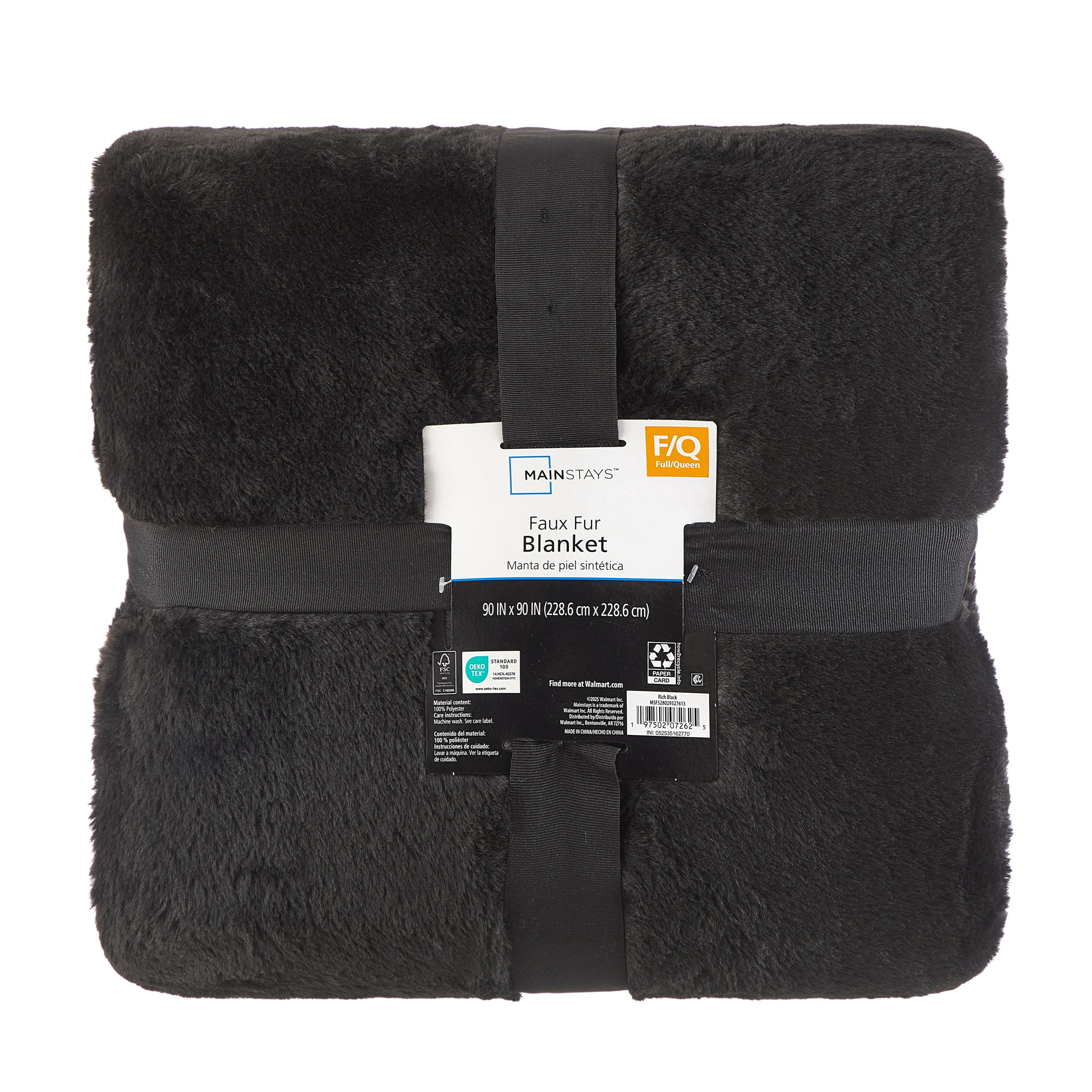 Mainstays Cozy Faux Fur Super Soft luxury Blanket, Full/Queen, Rich Black