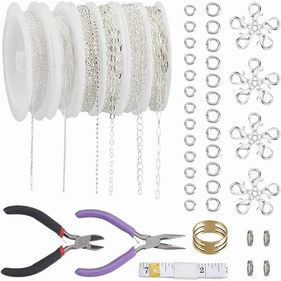 49.2 Feet 6 Rolls Jewelry Chain Making Kit Silver Paperclip Chain Bulk Brass Cable Curb Ball Jump Rings Pliers Connector Link Accessories