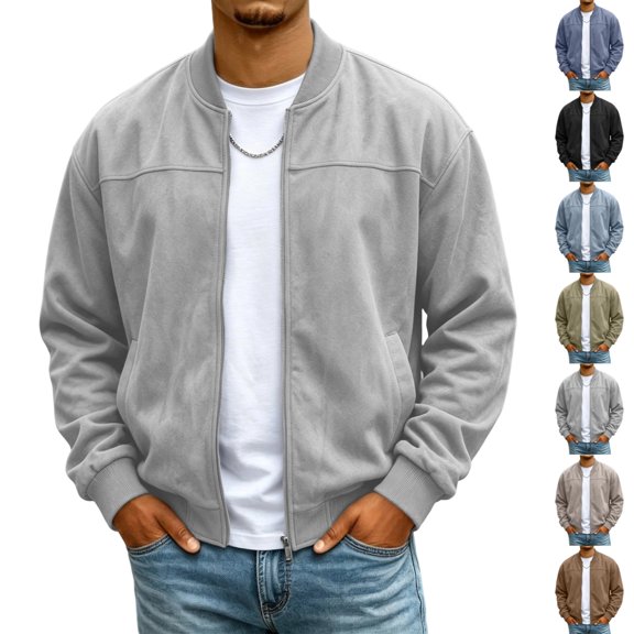 UDAUDU Bomber Jacket Men Fleece Zip up Faux Suede Jackets Loose Fit Comfort Soft Fall Winter Clothes with Pockets 2XL