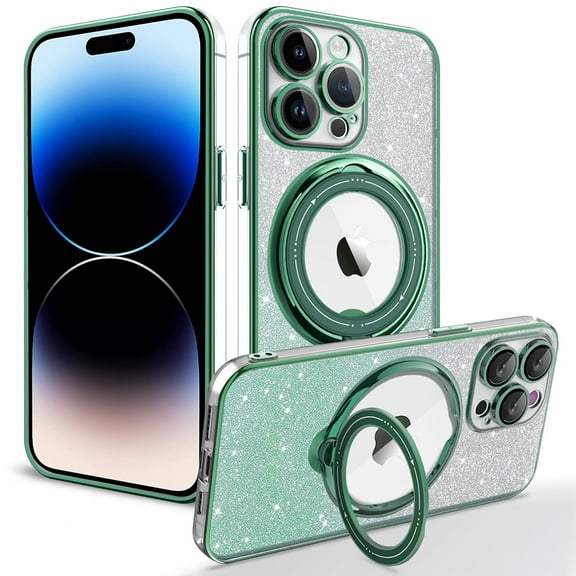 Case for iPhone 13 Pro Max Glitter Magnetic Case with Rotate Ring Stand, Compatible with MagSafe, Non-Yellowing Gradient Sparkle Paper TPU Shockproof Clear Phone Case for Women Girls, Darkgreen