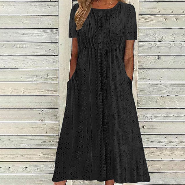 CHOK Robes de Cocktail pour Femmes 2024 Robe T-Shirt à Manches Courtes Décontractée en Coton Lin Longues Robes Col Rond Été Plage Robes d'Été avec Poches Vestidos Casuales pour Femme