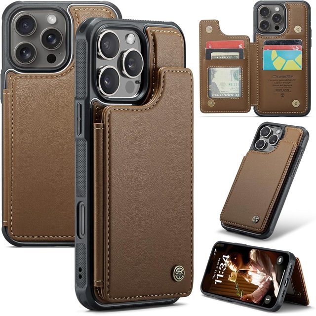 KOMI for iPhone 16 Pro Max Case with RFID Blocking and 5 Credit Card Holder, Premium Durable Slim Leather Magnetic Clasp Kickstand Heavy Duty Shockproof Protective Cover Brown