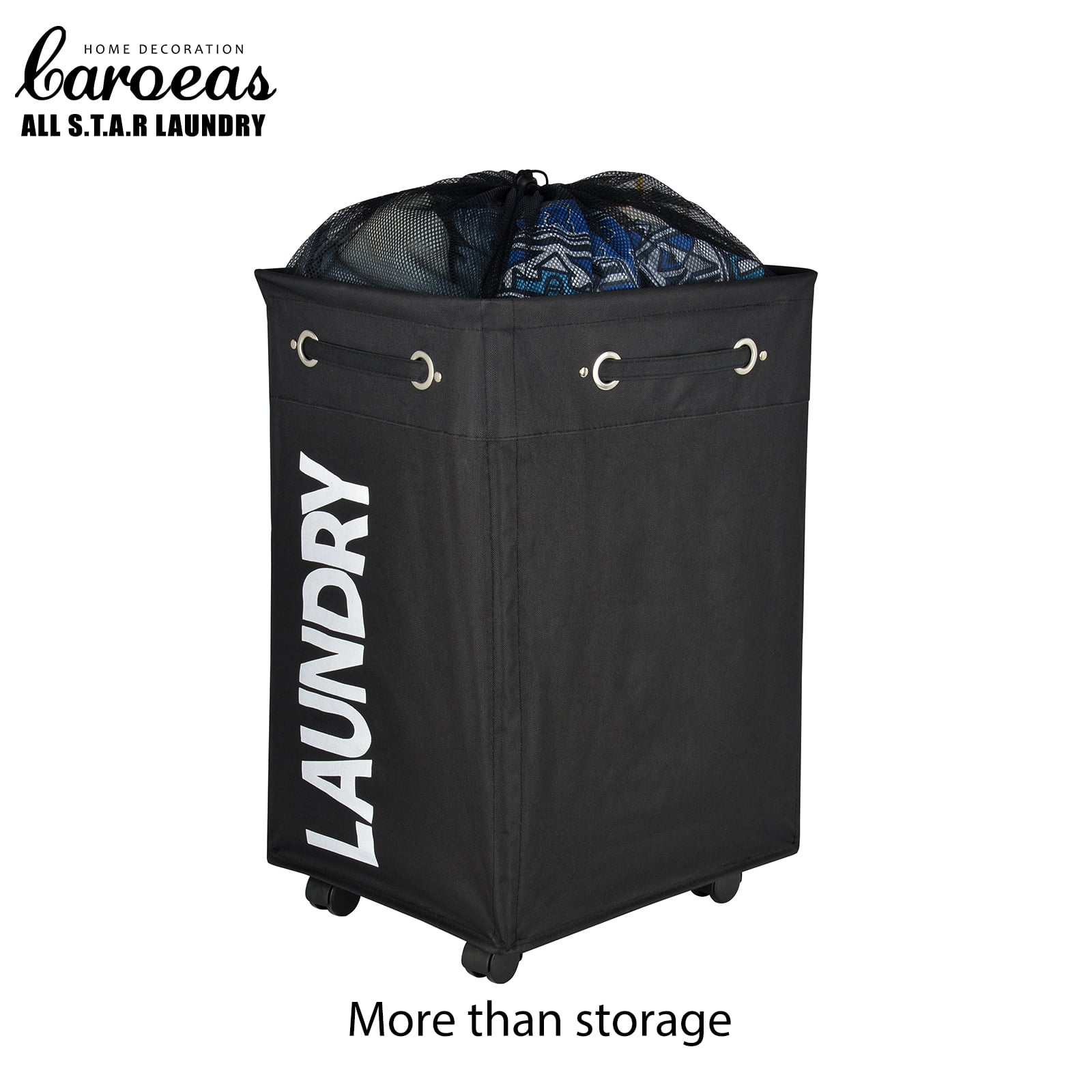 Caroeas 24" Pro+ Wheeled Laundry Hamper Light Blue Breathable Cover Heavy Duty Laundry Sorter Dirty Clothes Organizer Waterproof Foldable Laundry Basket Extra Large Cotton Laundry Bag