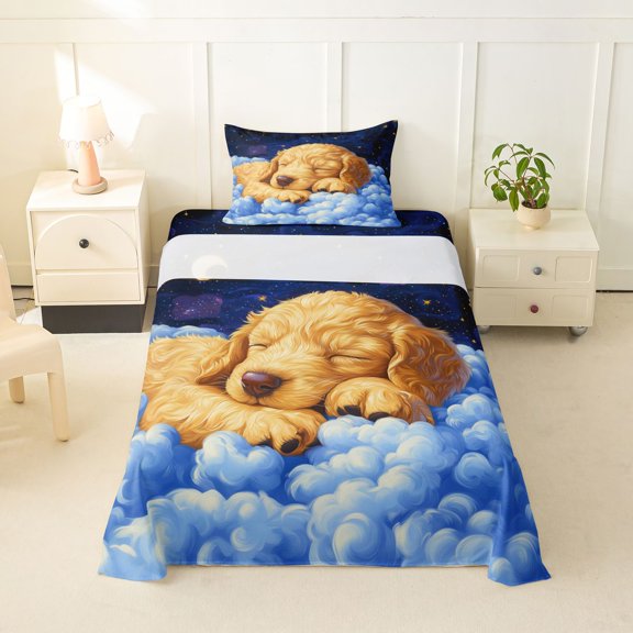 Homewish Lovely Golden Retriever Twin Sheets,Cartoon Dog Bedding,White Clouds Decor,3 Pieces,1 Fitted Sheet and 1 Pillowcase