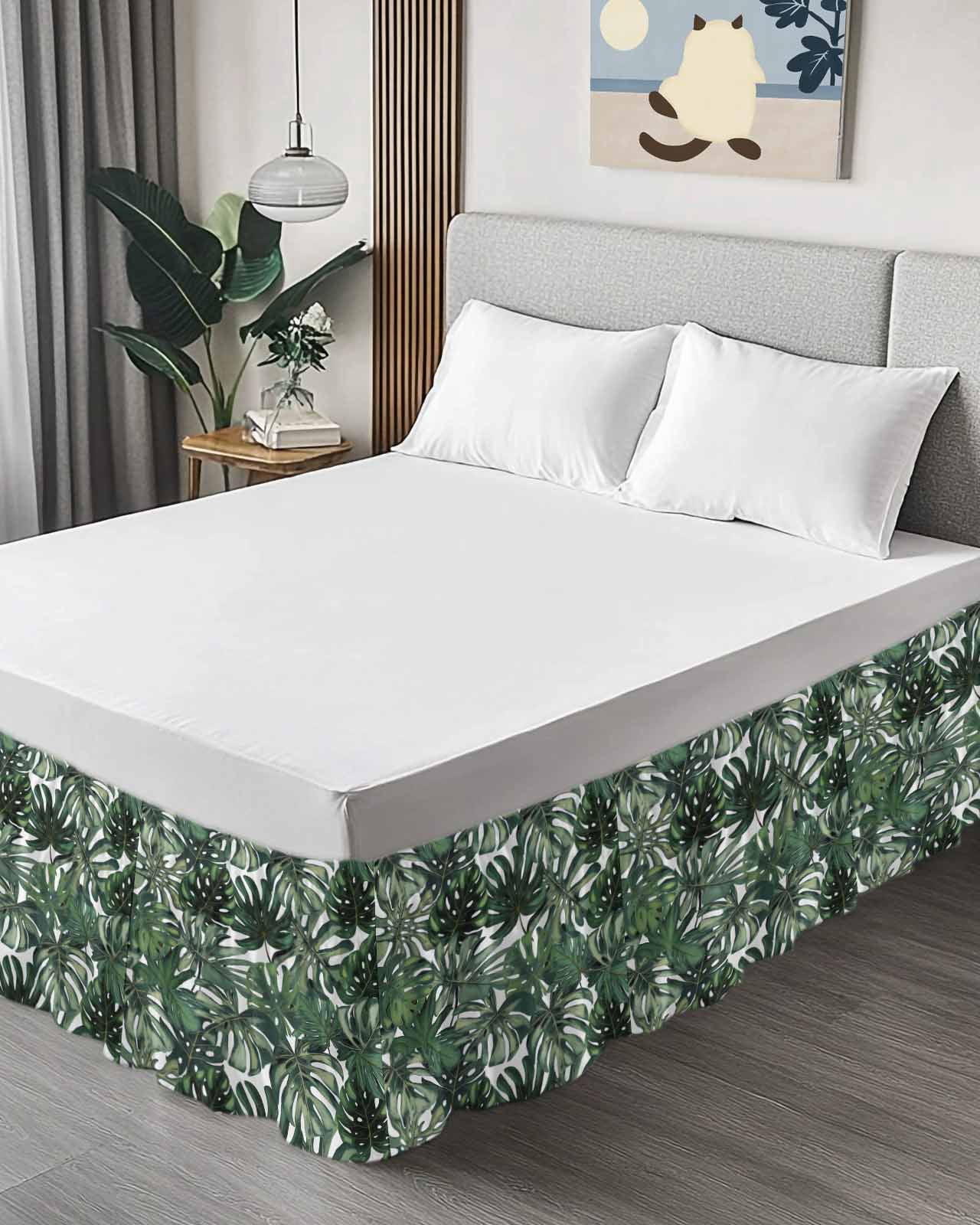 Green Palm Leaves Wrap Around Bed Skirts for King Bed 16" Drop, Bed Skirt with Adjustable Elastic Belt Dust Ruffle Bed Valance for Bedroom Hotel Luxury Summer Tropical Leaf Vintage Bed Frame Cover