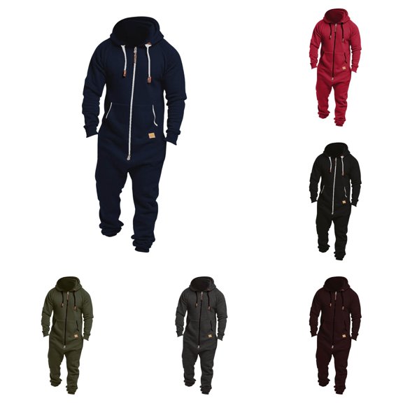 Men Pure Color Splicing Autumn Winter Casual Hoodie Print Zipper Print Jumpsuit