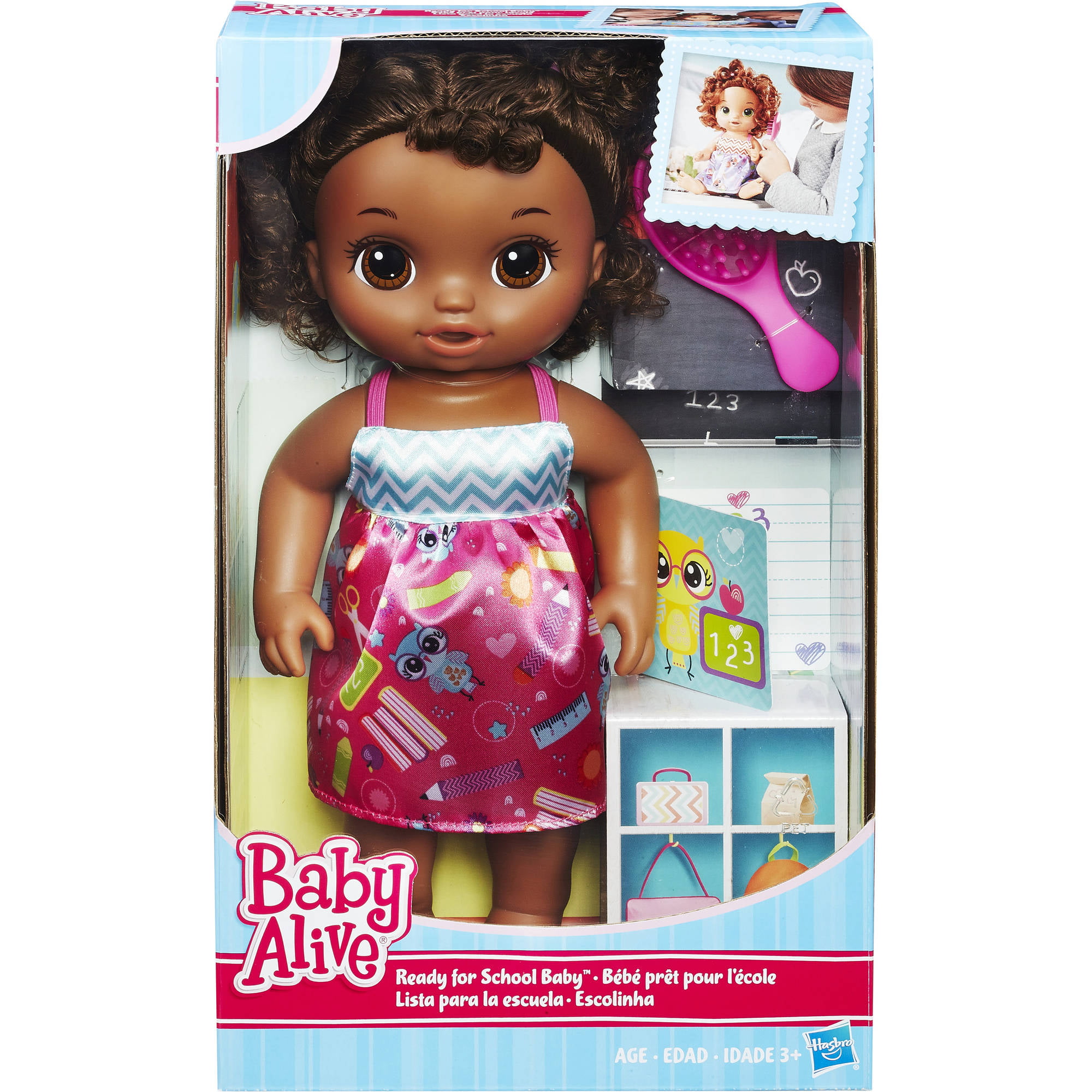 Baby Alive C2695 READY FOR SCHOOL BABY: Brown Hair Baby Doll, School-Themed  Dress, Doll Accessories Include Notebook & Brush, Doll For 3-Year-Old