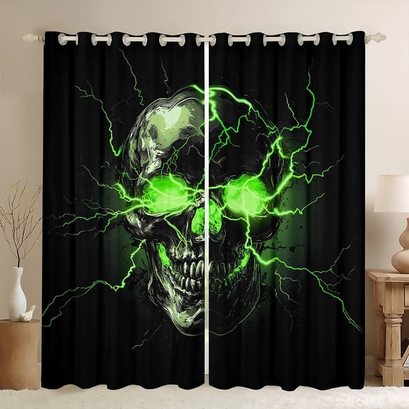 Castle Fairy Gothic Skull Black Out Curtains for Boys Girls,Abstract Green Lightning Curtains Pack of 2 (42x63 Each),Exotic Style Bedroom Curtains,Ultra Soft Home Decor