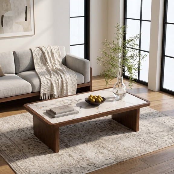 Modern Rectangular Coffee Table with Sintered Stone Top and Walnut Veneer Frame - 47.24" L