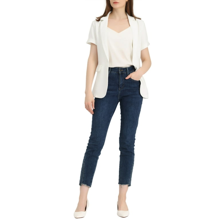 Unique Bargains Women's Short Sleeve Blazer Button Office Suit