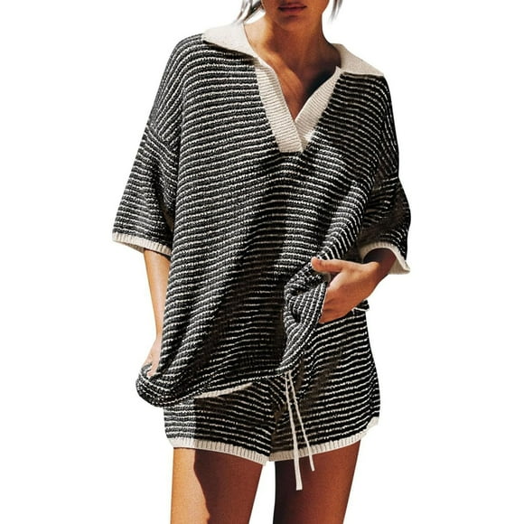 ManxiVoo Women's Striped Knit Two Piece Set V Neck Sweater Top with Comfortable High Waisted Shorts Casual Outfit L Size White