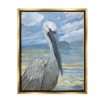 Stupell Industries Salty Pelican Cloudy Coastal beach Painting Metallic Gold Floating Framed Canvas Print Wall Art, Design by Paul Brent