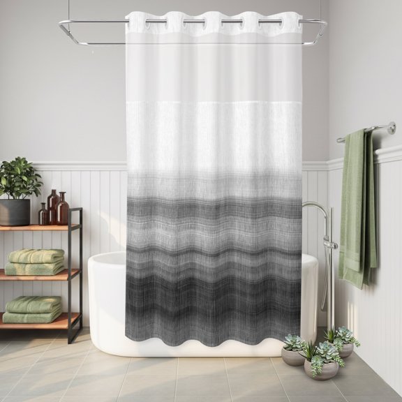No Hook Shower Curtain Black White Waterproof Fabric Shower Curtain Ombre Abstract Hotel Style Bathroom Curtain with See Through Top Window Machine Washable 36x72in