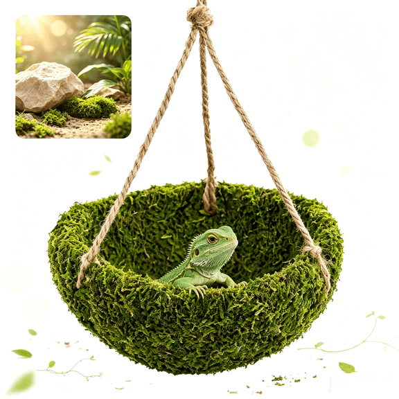 Natural Moss Reptile Hanging Hammock, Shelter for Crested Gecko, Bearded Dragon, Hermit Crab & Small Pets, Terrarium Decor, 5.5 x 5.5 x 3.2 in
