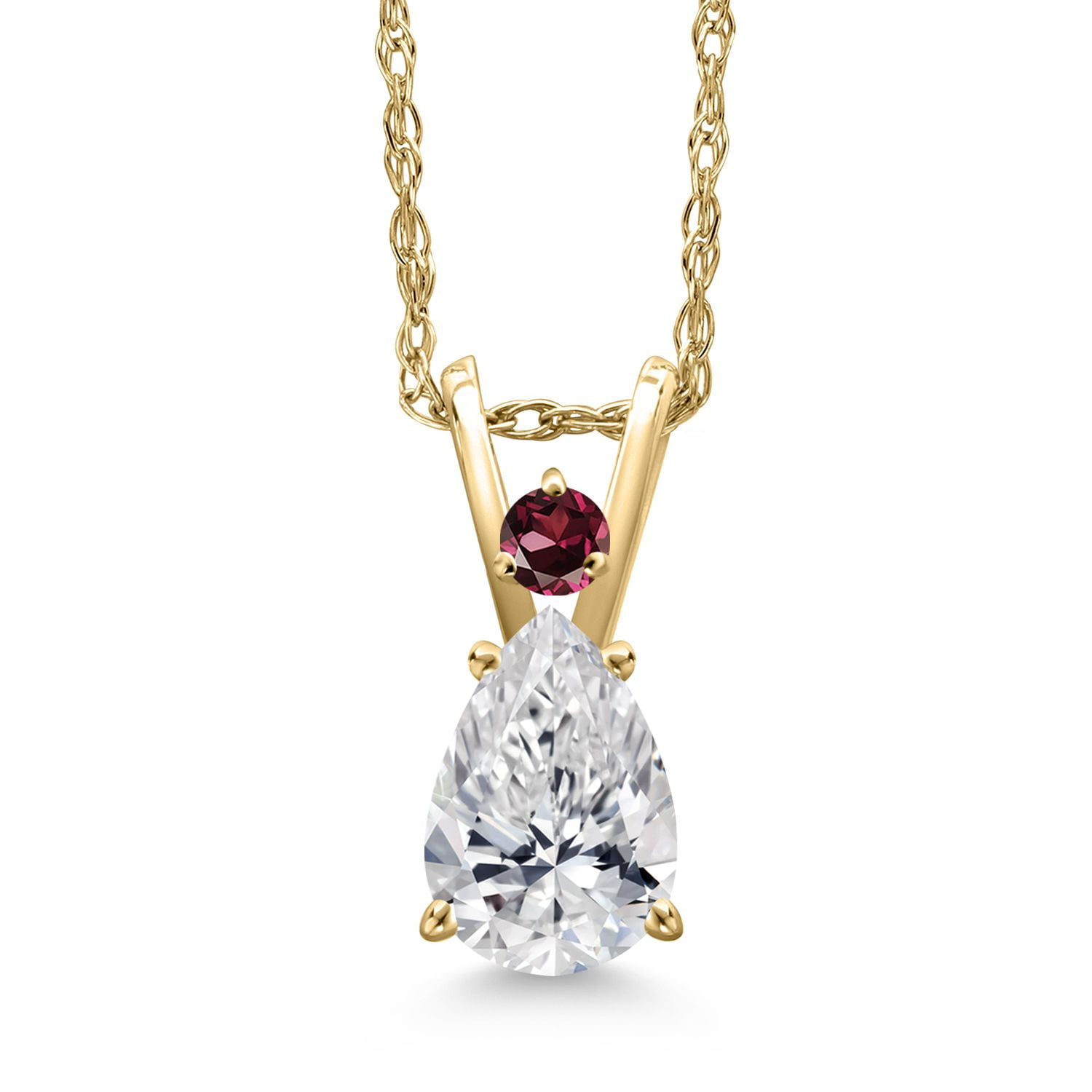 Gem Stone King 14K Yellow Gold DEF Lab Grown Diamond and Red Rhodolite Garnet Pendant Necklace for Women | 0.56 Cttw | Gemstone April Birthstone | Pear Shape 7X5MM | With 18 inch Chain
