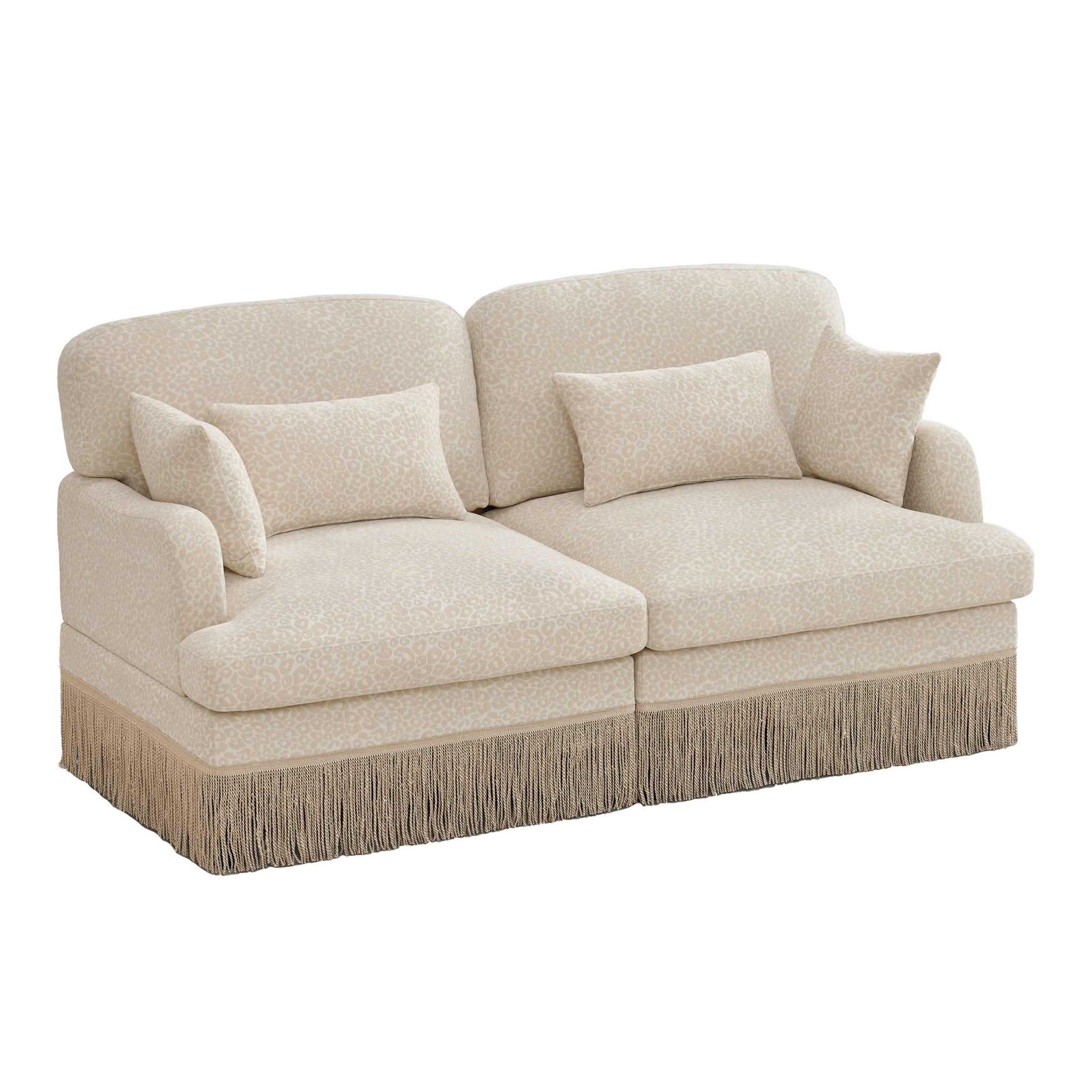 Noble House Carola Leopard Print Chenille 2-Seater Sofa, Modular Sectional Couch with Tassel Trim, Beige