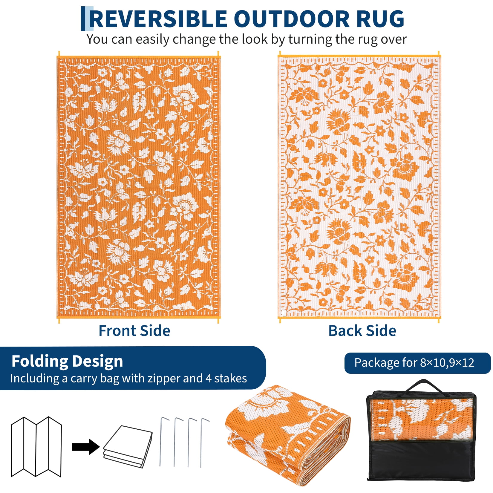 Garvee 10'x14' Outdoor Rug Waterproof Floral Camping Carpet, Reversible Plastic Straw Rug Outdoor Rug for Patio RV Balcony Backyard, Orange