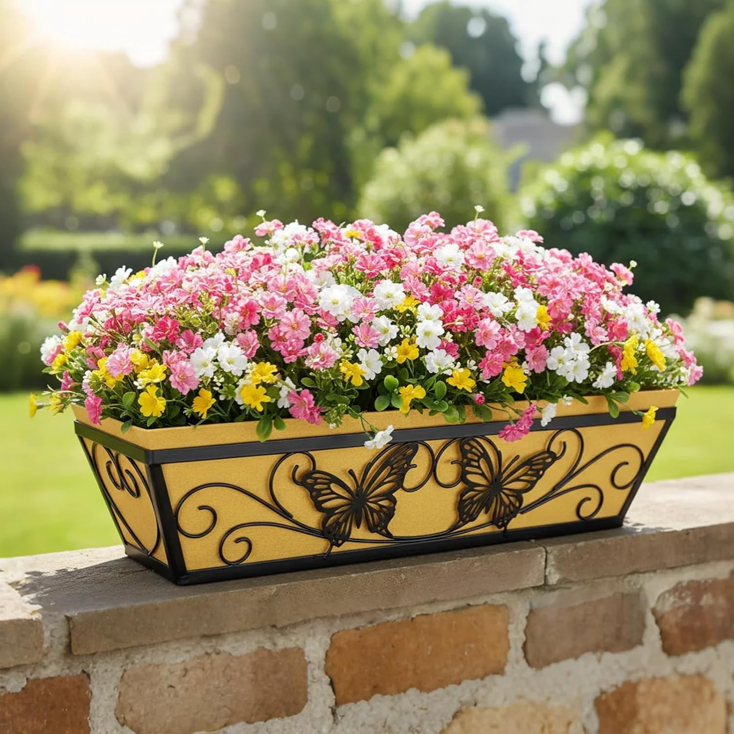 2 Pack 24 Inch Window Boxes Planter Railing Planters Box with Adjustable Brackets for Porch Deck Balcony Hanging Butterfly Decorative Flower Baskets & Non-Woven Fabric Liner for Outdoor Plants -Black