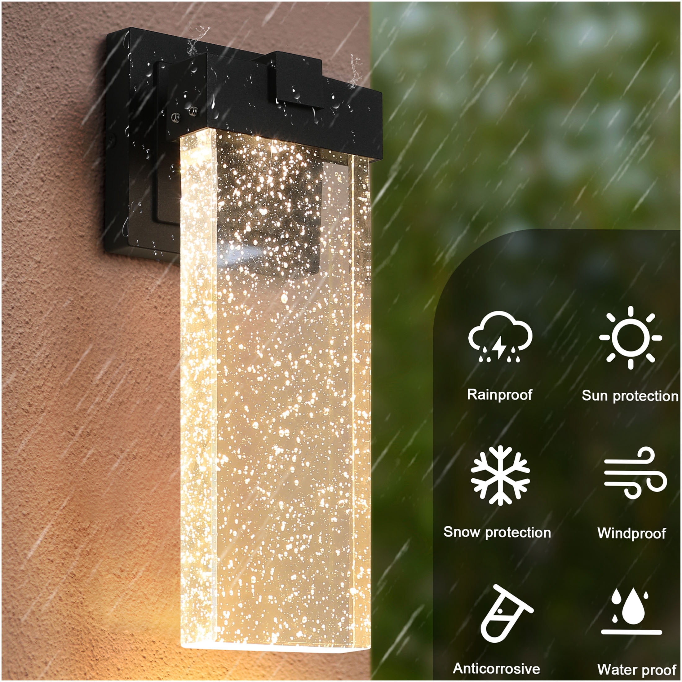 JERFIT Modern Outdoor Wall Lantern with Crystal Glass, 2-Pack Black LED Sconce Light with Dusk to Dawn Sensor, Waterproof for Porch Garage Entryway