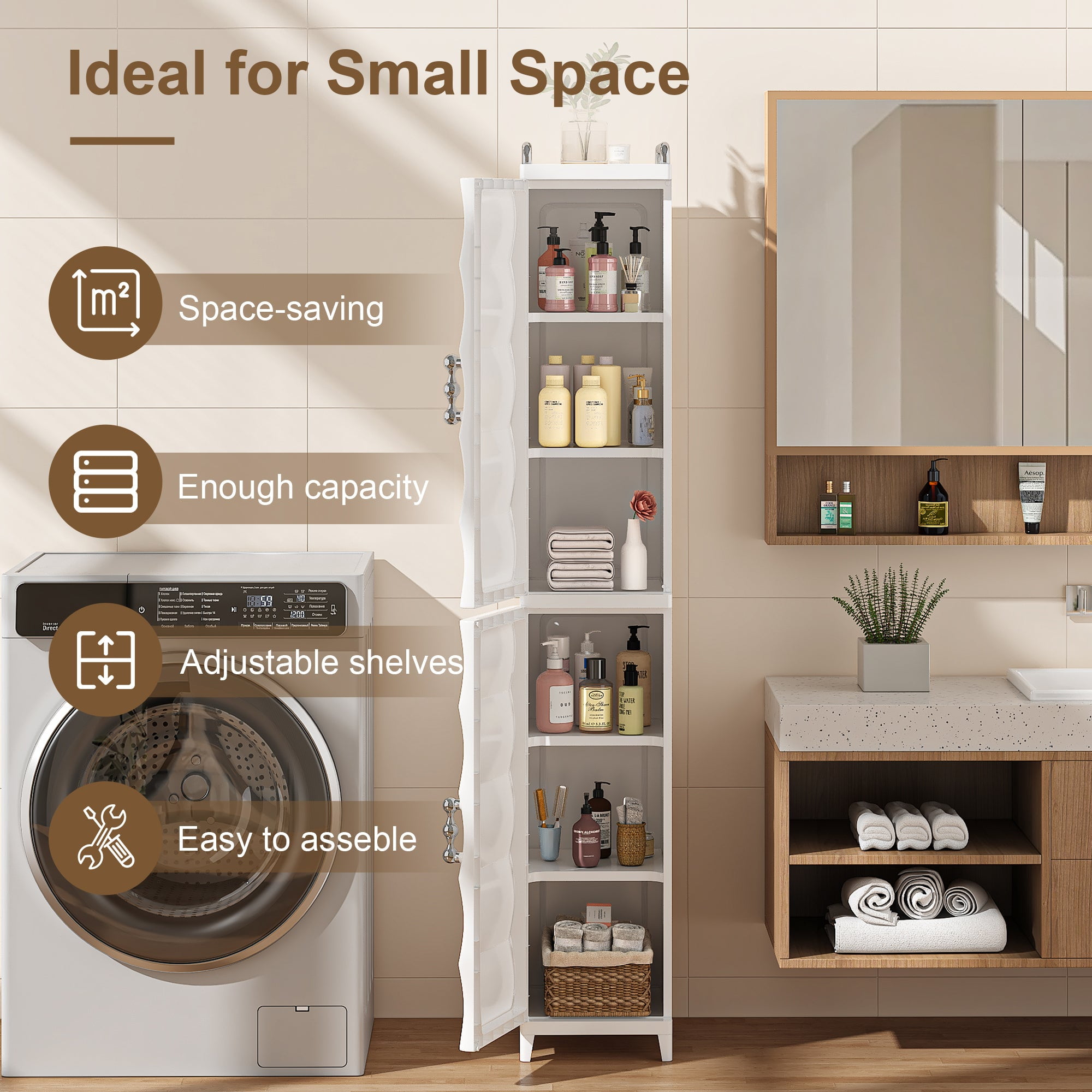 VECELO High Narrow Bathroom Storage Cabinet with Adjustable Shelves, 54.6” H Slim Freestanding Foldable Cabinet with Door, for Small Spaces, Kitchen, White
