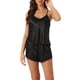 thumbnail image 1 of Conjunto de pijamas de satén para mujer INSPIRE CHIC, camisetas sin mangas con tirantes tipo racerback y pantalones cortos con encaje, conjuntos de lounge de seda, XS, negro, 1 of 6