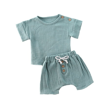 

Sunisery 2Pcs Newborn Baby Girl Boy Cotton Linen Summer Outfit T-shirt Top and Short Set Blue 12-18 Months