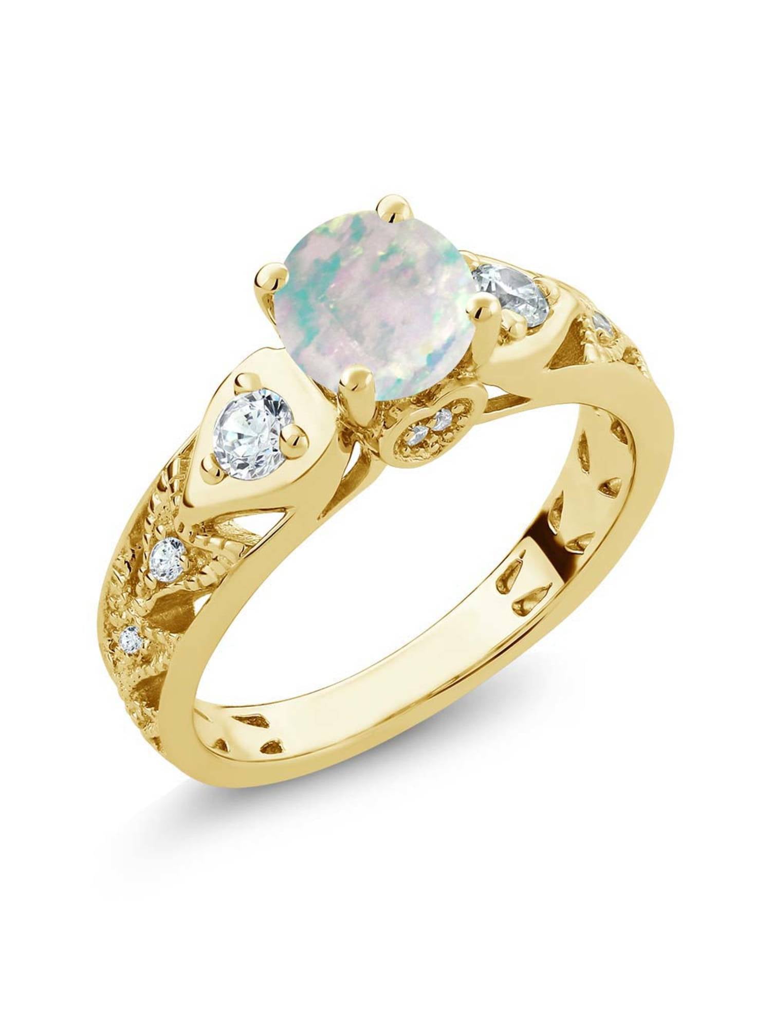 1.56 Ct Round Cabochon White Simulated Opal 18K Yellow Gold Plated Silver Ring by