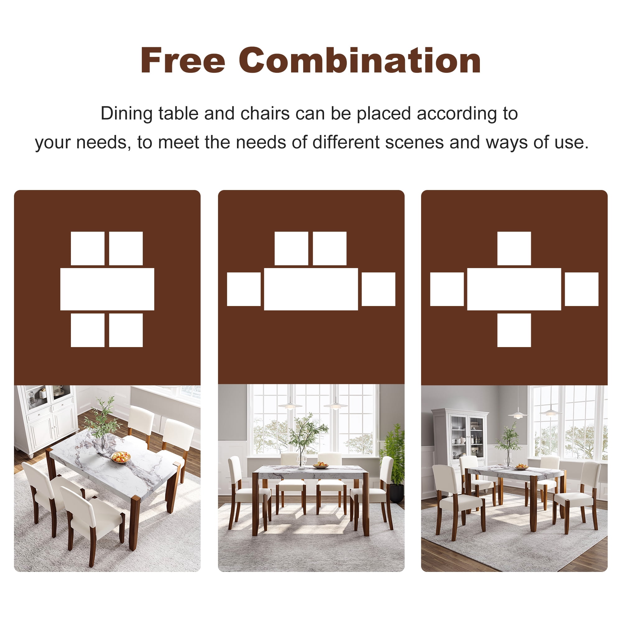 Euroco 5-Piece Dining Table Set for 4, 46" Faux Marble Kitchen Table with 4 Upholstered Chairs and Solid Wood Frame,Modern Kitchen Table Set for Home Living Dining Room, Beige
