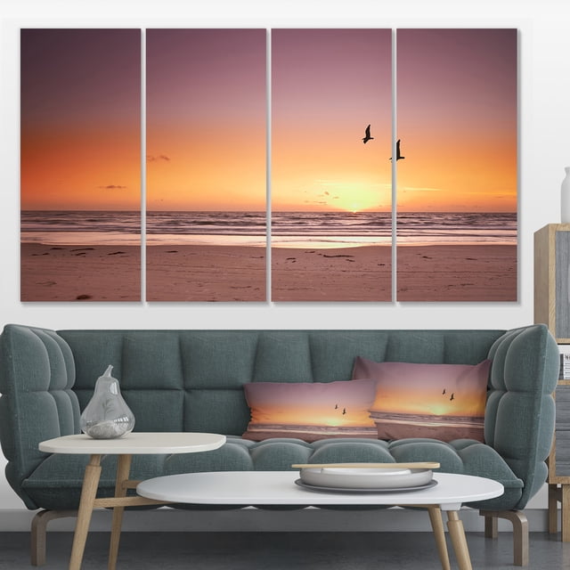 Beach Sunset and Sea Gulls - Modern Seashore Canvas Art