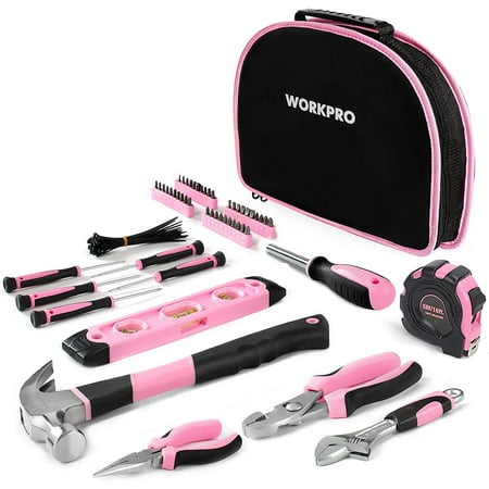 WORKPRO 103-Piece Pink Tool Kit - Ladies Hand Tool Set with Easy Carrying Round Pouch - Durable, Long Lasting Chrome Finish Tools - Perfect for DIY, Home Maintenance - Pink Ribbon