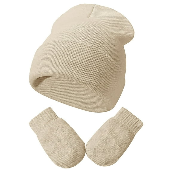 Baby Hats Toddler Kids Fall Winter Soft Solid Knitted Hat With Glvoes Beige 2 Years-5 Years