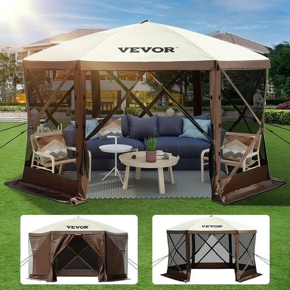 HCY Camping Gazebo Tent, 10'x10', 6 Sided Pop-up Canopy Screen Tent for 8 Person Camping, Waterproof Screen Shelter w/Portable Storage Bag, Ground Stakes, Mesh Windows, Brown & Beige