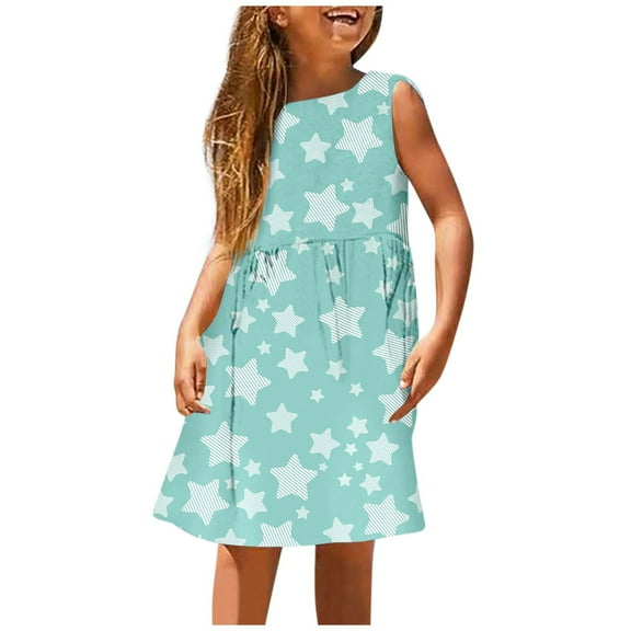 YUELONGHU Girls Fashion Dresses Girl Dresses Size 7-8 Blue Girl's Summer Sleeveless Dress Cute Printed A Line with Elastic Neckline Comfortable Stretchy Play Dress for Toddler Kids 5-6 Years