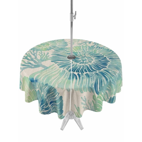 Outdoor Tablecloth with Umbrella Hole for Patio/Picnic/Party/Camping, Sage Green Conch Waterproof Table Cloth Round Cover Washable, Coastal Summer Beach Coral Rustic (Dia 54")
