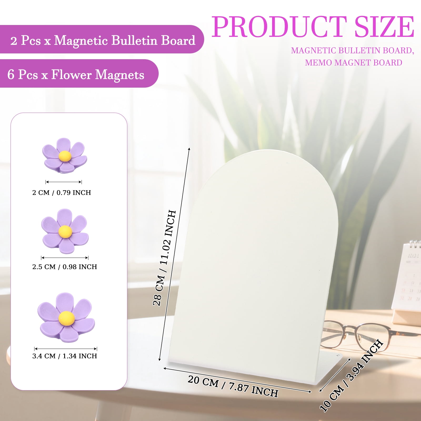 Uxcell 2 Pcs Magnetic Bulletin Board, Memo Magnet Display Stand Board with 6 Flower Magnets for Home Office Kitchen, White/Purple