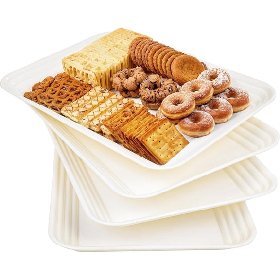 4-Pack Ivory for Entertaining, 16" x 11" Serving Platters for Snacks, Fruit, Cookies, Dessert, Reusable Plastic Trays for Serving Food and Party Organization in Kitchen &for Parties