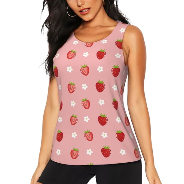 Fotbe Strawberries Blusas Sin Mangas para Mujer – Estilo Casual, Corte Suelto, Slim-Fit, Cuello Redondo Deportivo, Tops de Verano para Gimnasio y Yoga-Medium