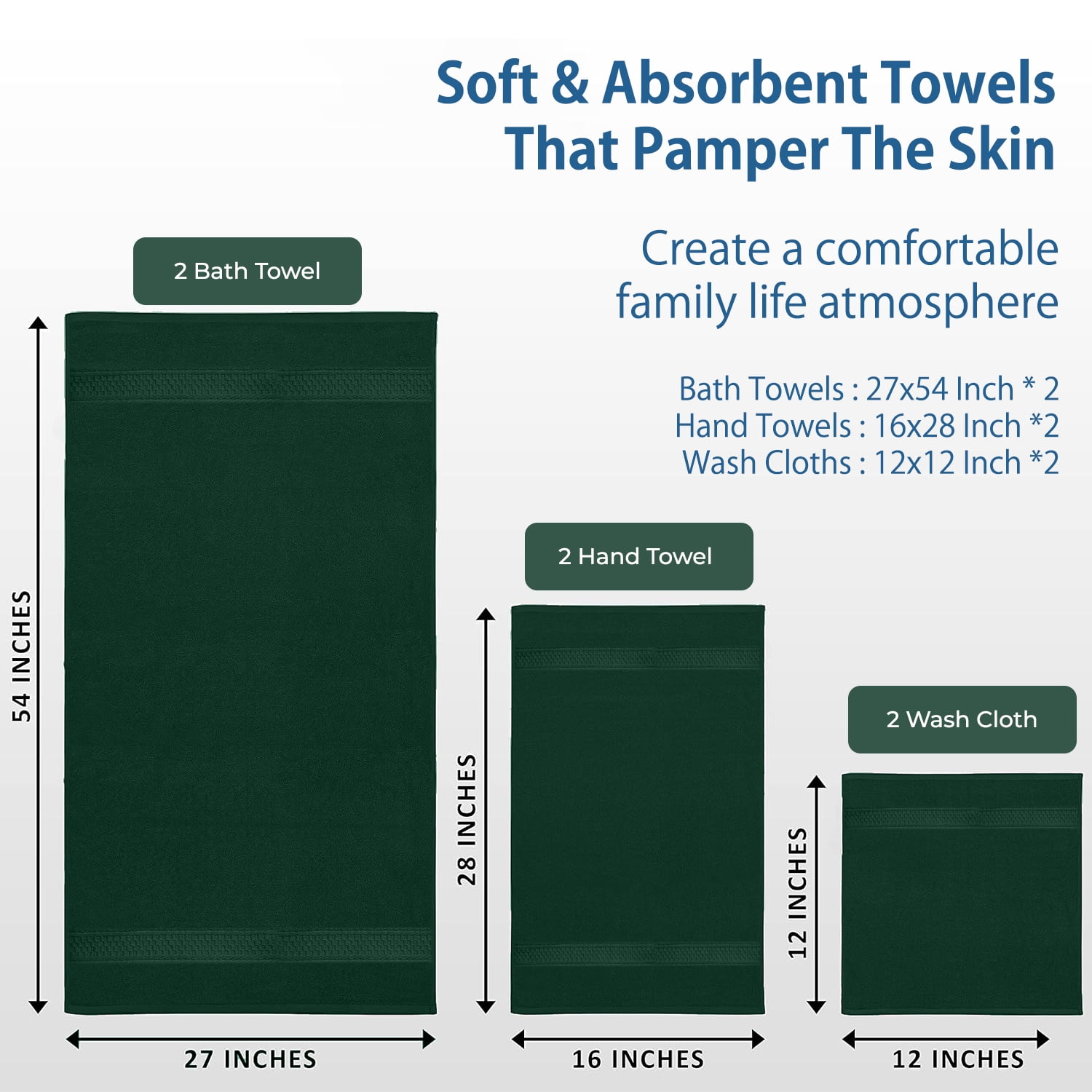 Dan River 6 Piece Towel Set Soft Quick Drying Cotton Bath Towel For Gym, Spa and Bathroom - Hunter Green