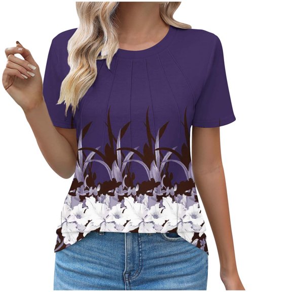 DeHolifer Summer T Shirt for Women Crewneck Floral Prined Short Sleeve Casual Tee T Shirt Loose Dressy Pullover Tops Purple 3XL